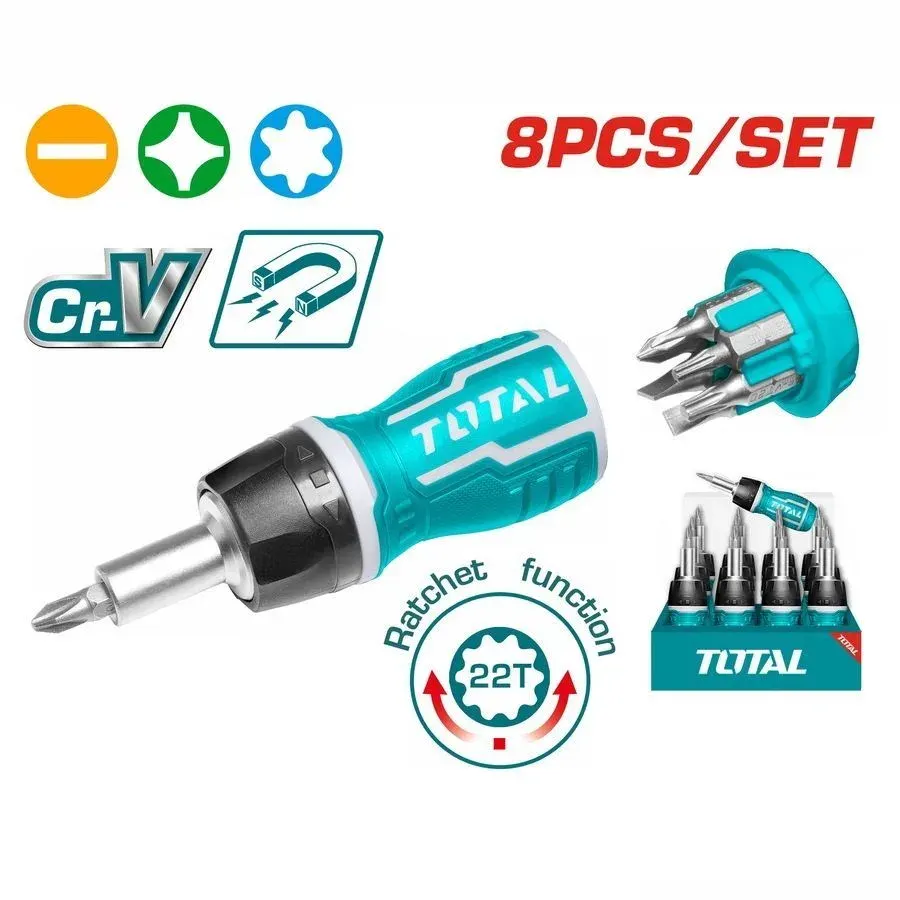 Отвертка с трещеткой короткая с битами 8 в 1, 1/4 TOTAL TACSDS1726