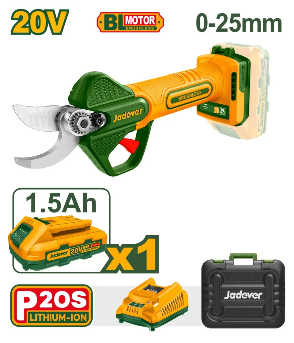 Аккумуляторный секатор, 20В, диаметр реза: 25мм с ЗУ и АКБ Jadever JDJFPB25