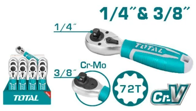 Ключ трещоточный короткий, 1/4" + 3/8", 72 зуба, материал: CR-V + Cr-Mo TOTAL THT1061438