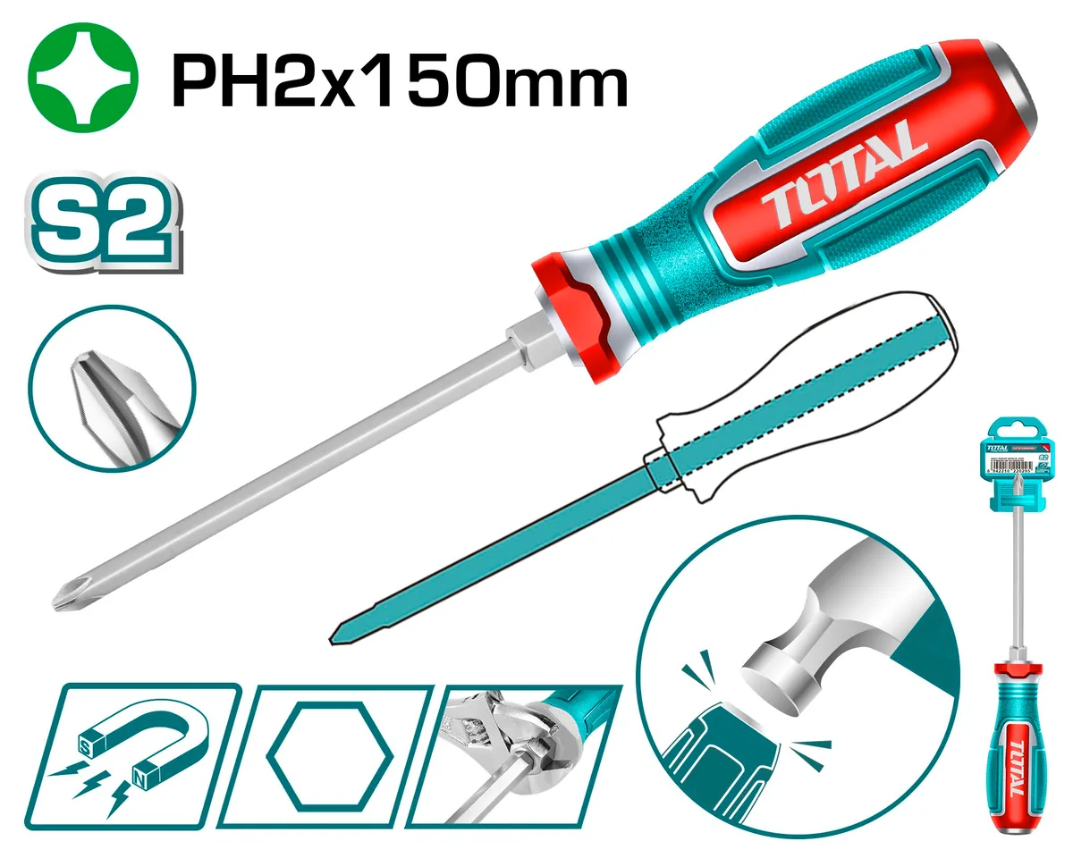 Отвертка крестовая PH2 x 150mm, магнитная, ударная, материал S2 TOTAL TGTPH2150