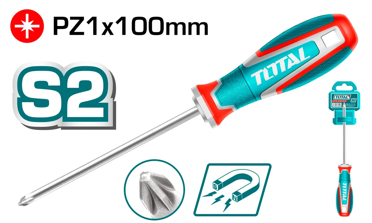 Oтвертка крестовая, pozidriv PZ1(магнитный),длина лезвия:100мм,диаметр лезвия:5,0мм TOTAL TSDPZ1100