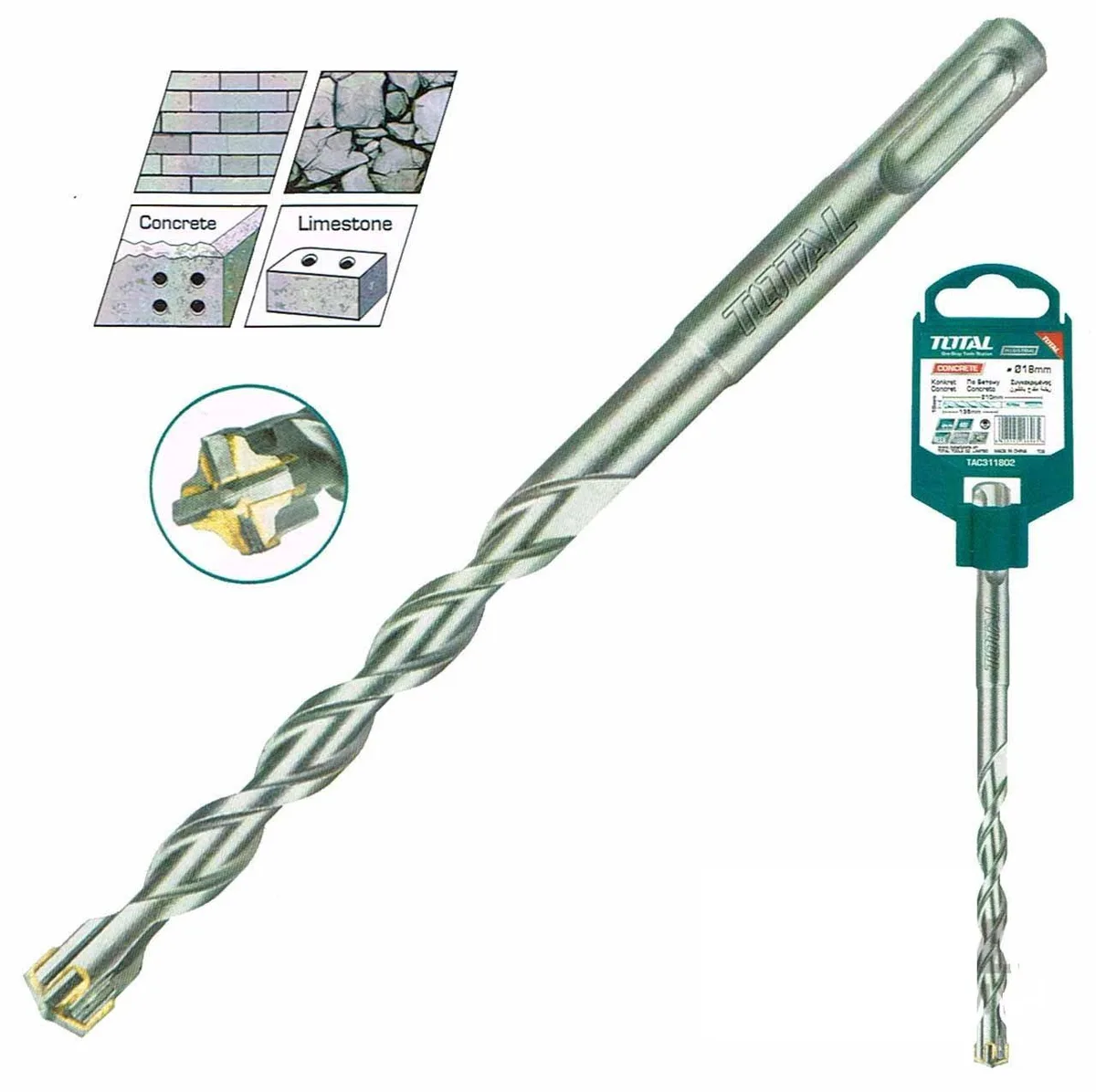 Сверло ударное по бетону, бур 6 X 160mm, SDS plus TOTAL TAC310602C