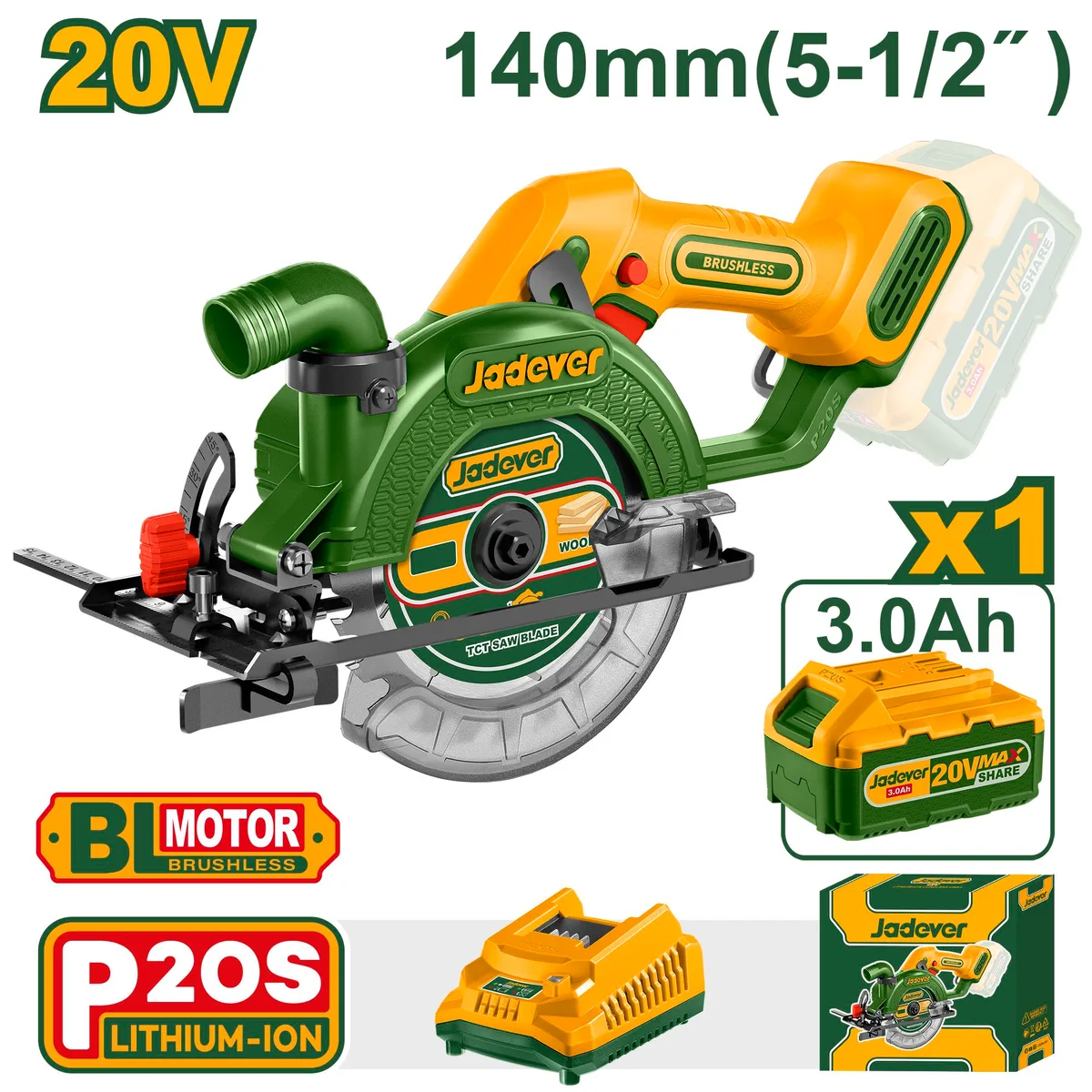 Аккумуляторная циркулярная пила 20В диск 140мм JADEVER JDLWP5631