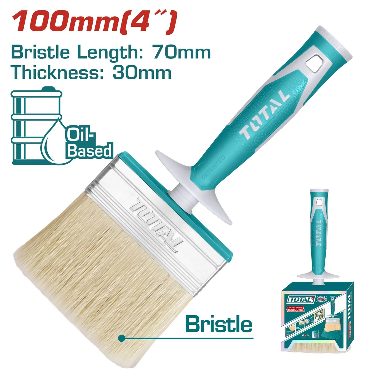 Кисть 4"(100mm), ширина-28мм, натуральная щетина, пластмассовая TOTAL THT84100306