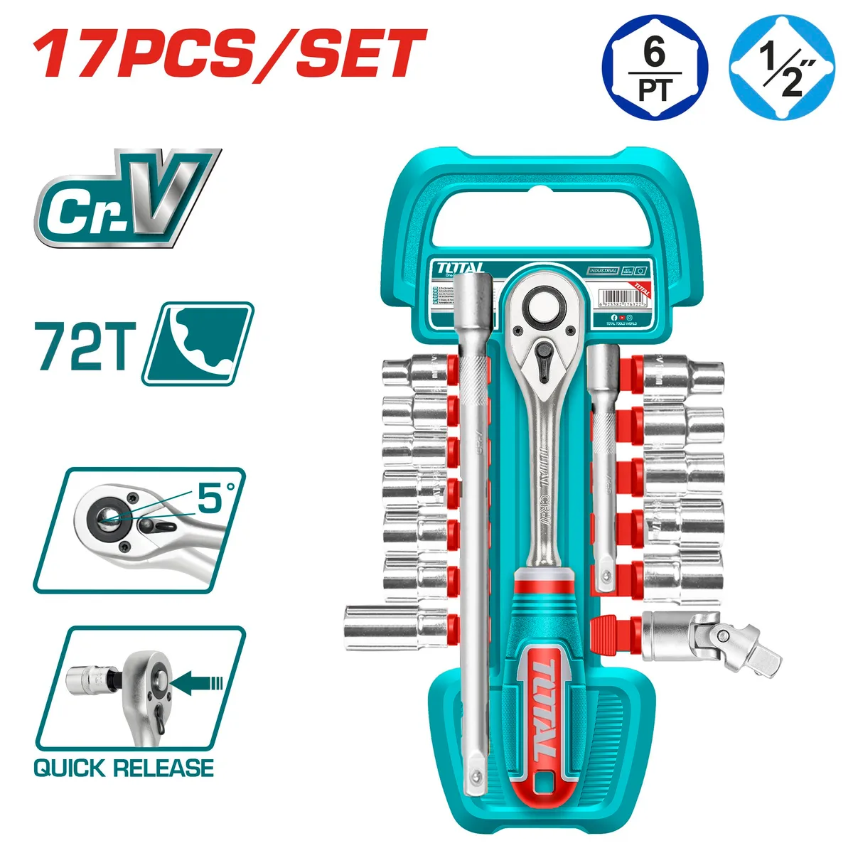Набор головок 1/2" с трещоткой 17шт, Cr-V сталь 50BV30 TOTAL THT121171