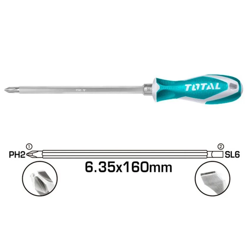 THT250206 Отвертка переставная 2 В 1 двухсторонняя PH2+SL 6/160мм TOTAL