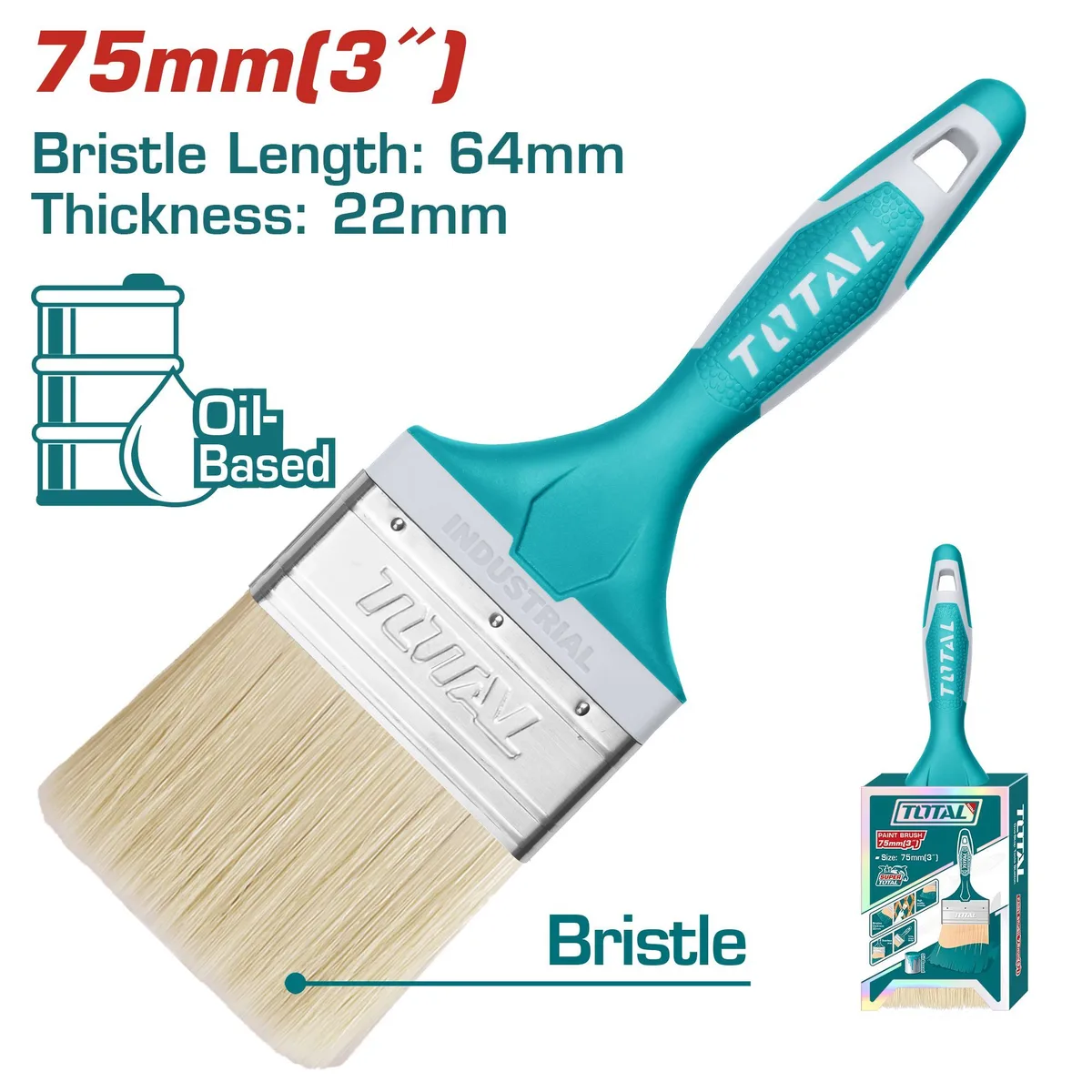 Кисть 3"(75mm), ширина-22 мм, натуральная щетина, пластмассовая рукоятка TOTAL THT84036